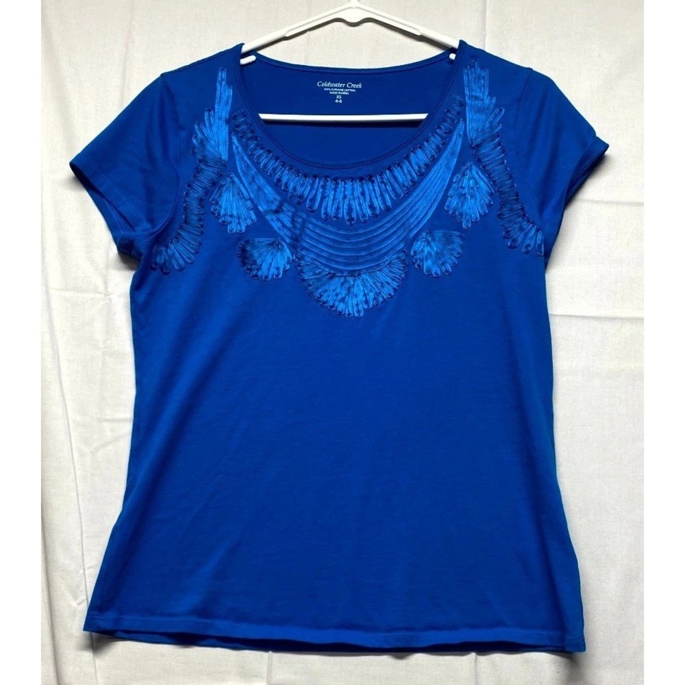 Coldwater Creek T Shirt Womens XS 4-6 Blue Ribbon Embroidered Cotton Scoop Neck